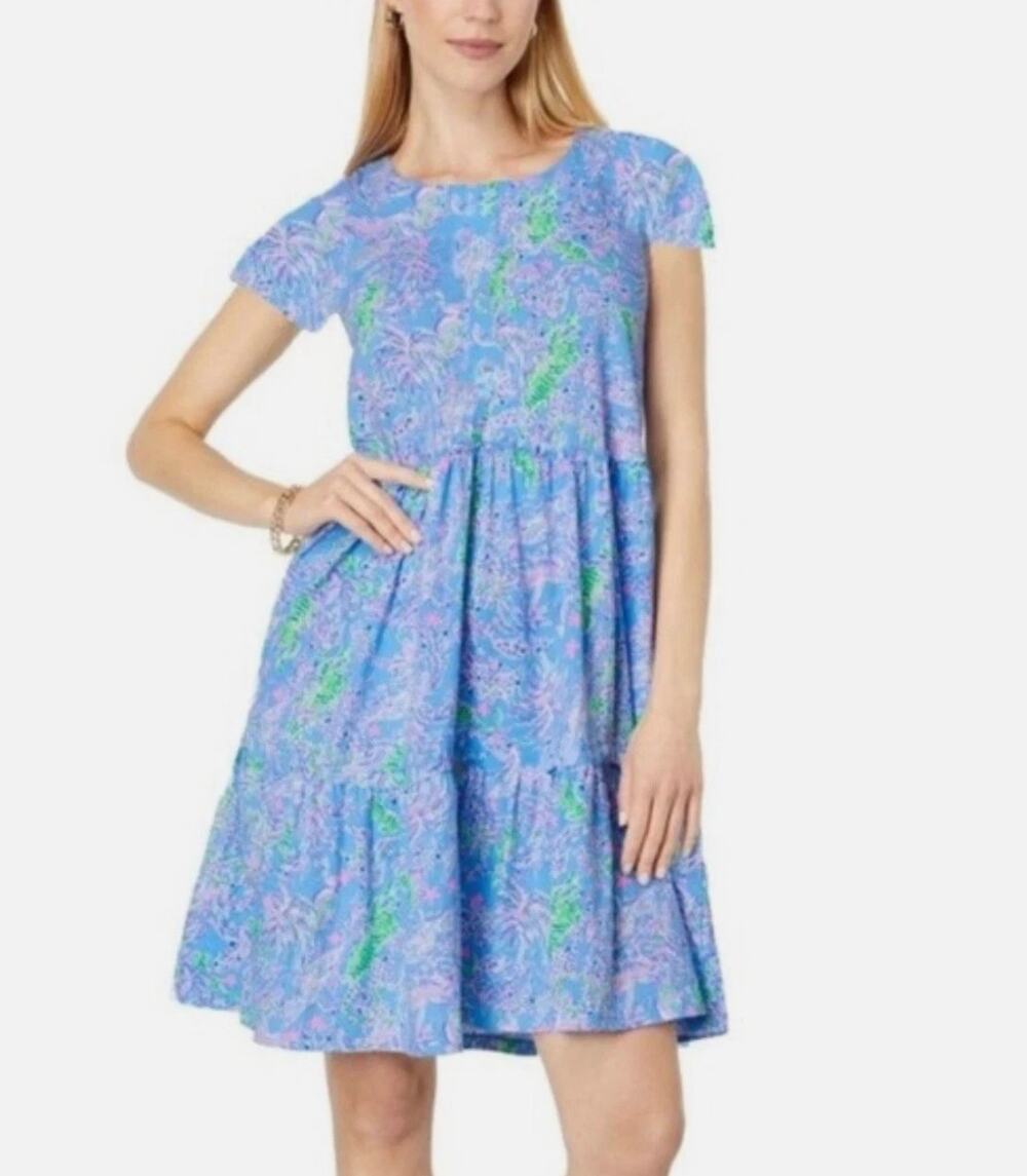 Lilly Pulitzer Geanna Dress S NWOT Blue Peri Turtle Package Tier Coastal Prep
